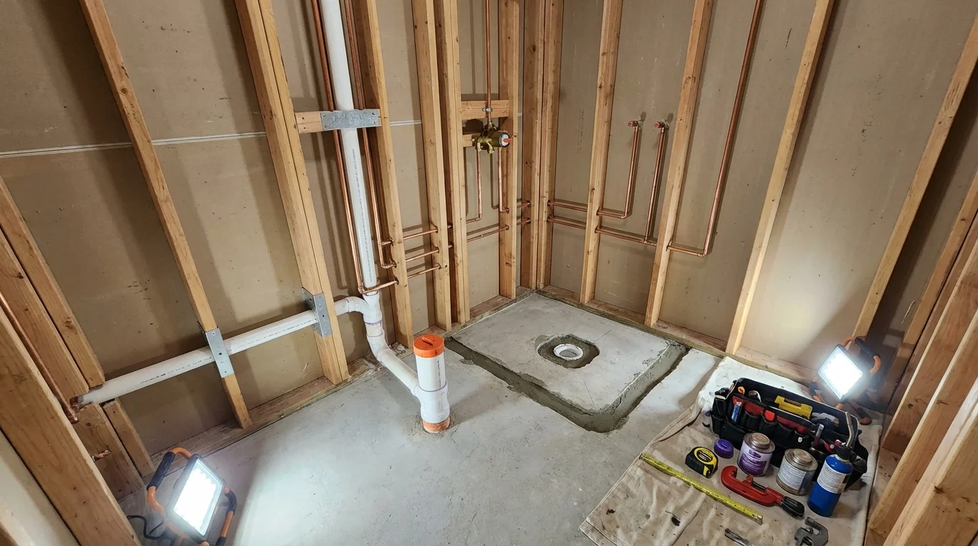 Bathroom rough-in plumbing during remodel by Johns Plumbing LLC in Benton Harbor
