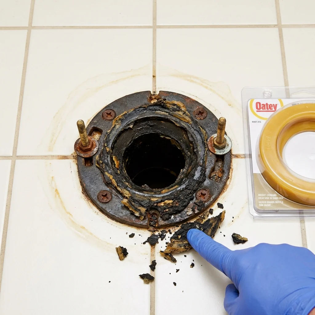 Failed wax ring showing water seepage at the base of a toilet in a Benton Harbor, MI home