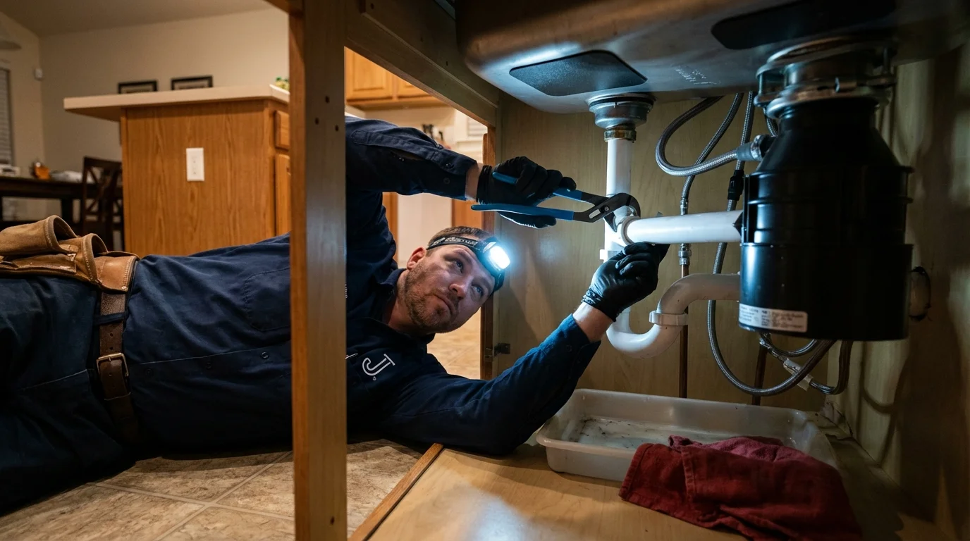 P-trap and supply line connections under a kitchen sink showing a common leak point in Benton Harbor, MI